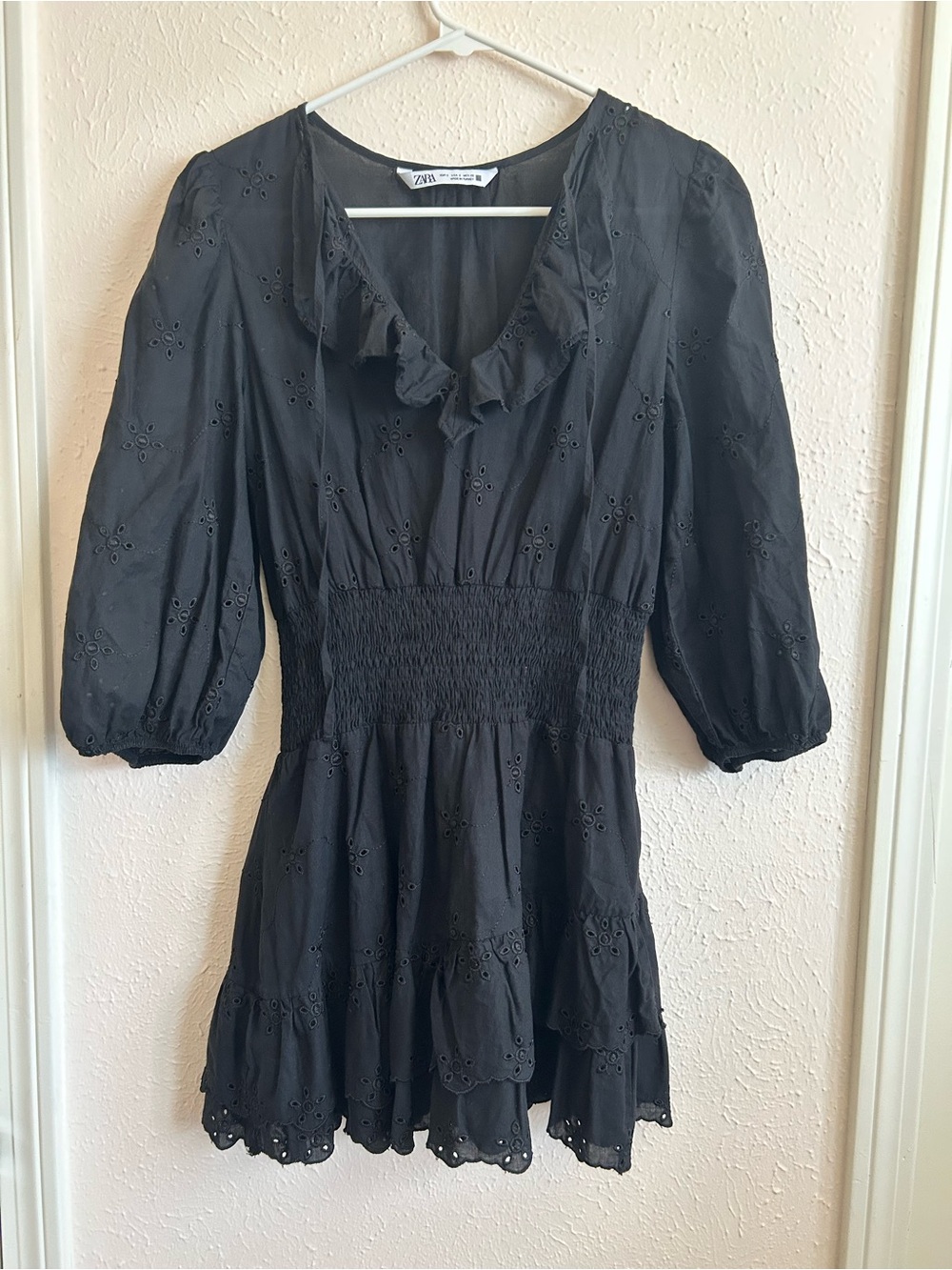 Zara Black Eyelet Ruffle Mini Dress with Smocked Waist